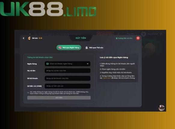 Những lưu ý khi rút tiền tại UK88